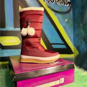 Red Winter Boots with Pom Poms